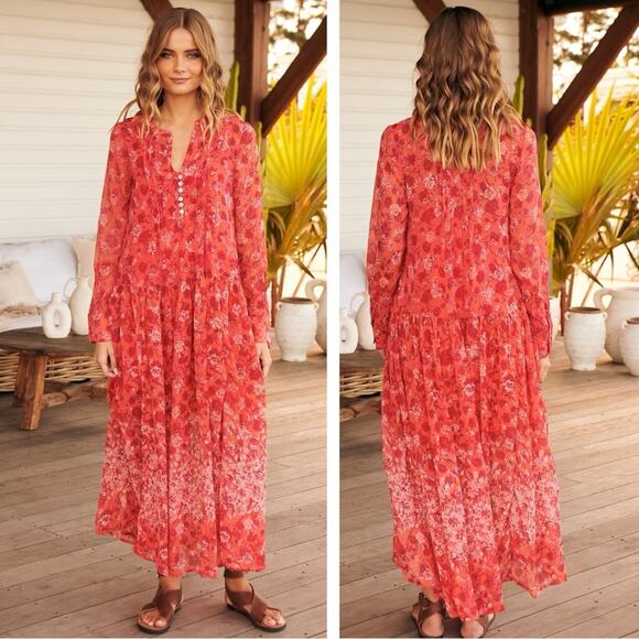 Free People See It Through Maxi Dress in Red Floral Size Large Bohemian - Picture 7 of 15